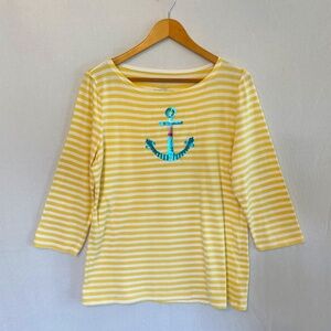TALBOTS Women's Large Yellow White Stripped Sequin Anchor 3/4 Sleeve Novelty Tee